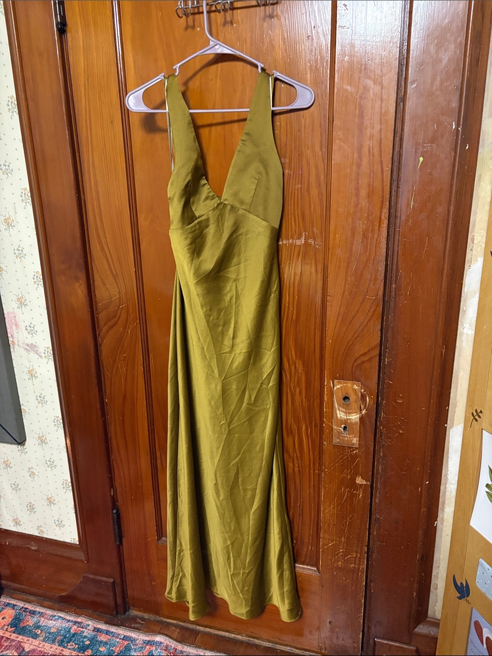 NWT!! Zara Olive-Gold Satin V-Neck Maxi Dress - Picture 7 of 8